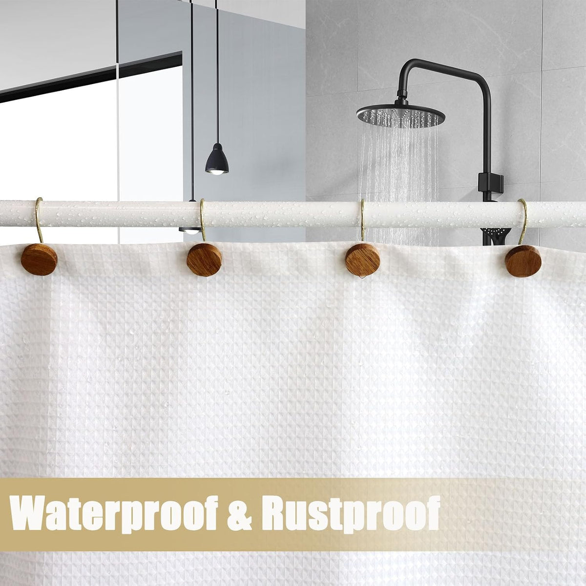 Shower Curtain Hooks, Wood Decorative Shower Curtain Rings, Modern Round Log Shower Curtain Hangers, 12PCS Metal Shower Hooks for Shower Curtain Rod, Bathroom, Bedroom, Living Room (Gold)