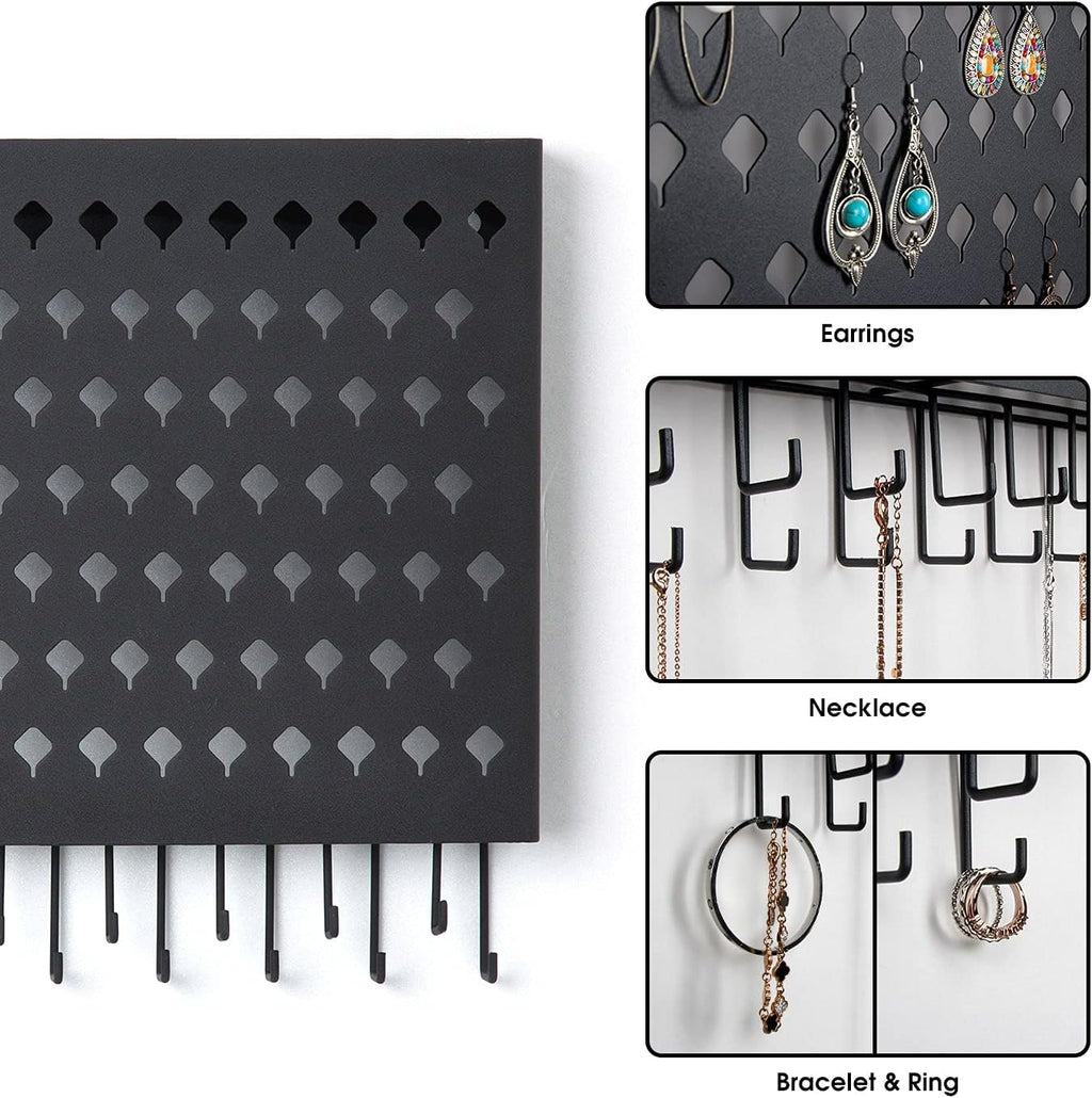 JackCubeDesign Wall Mounted Jewelry Organizer, Earring Necklace Bracelet Holder Display Hanger with 109 Holes & 19 Hooks (Black,16.5 x 2.4 x 13.2 inches) - MK329A
