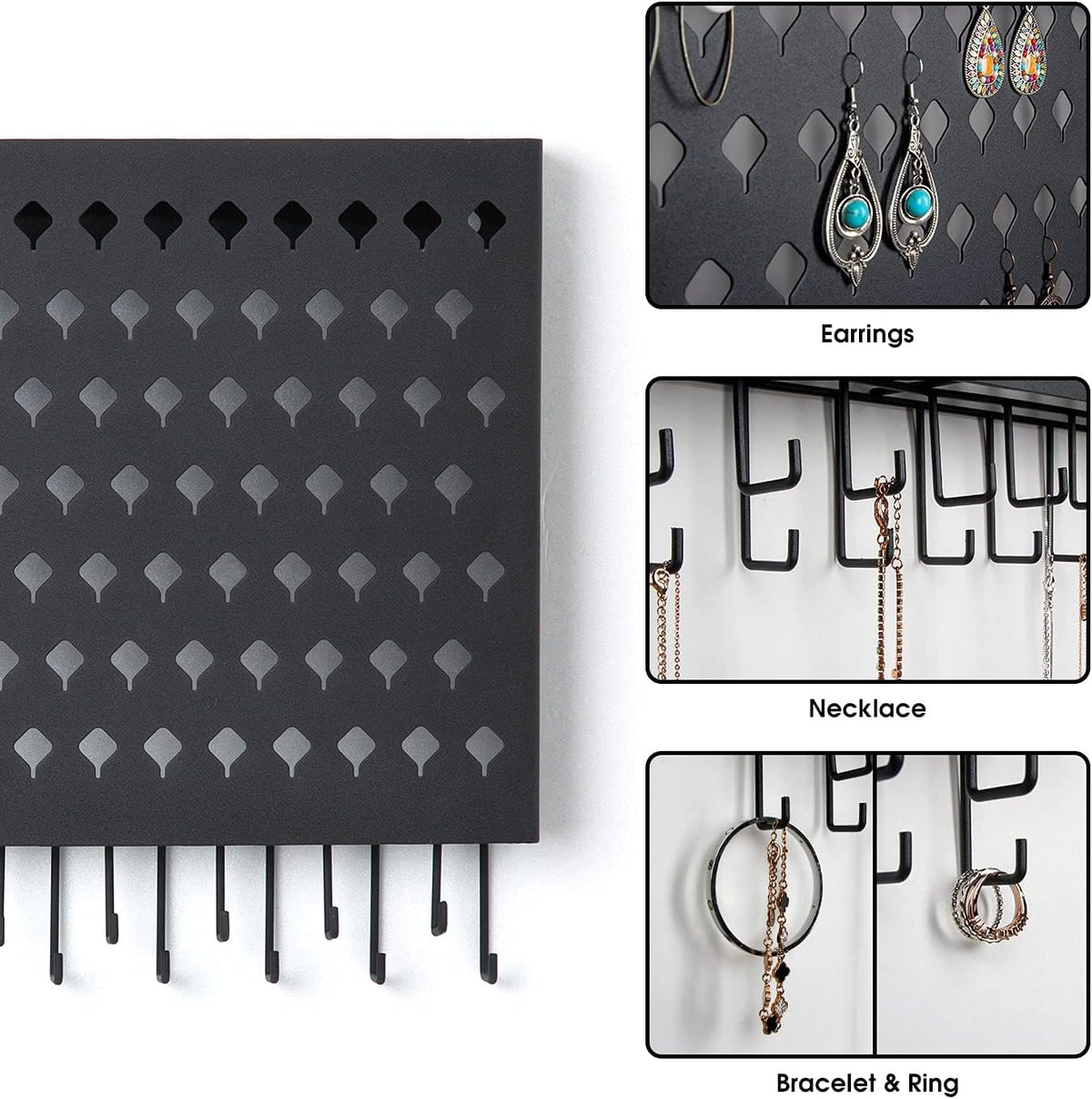 JackCubeDesign Wall Mounted Jewelry Organizer, Earring Necklace Bracelet Holder Display Hanger with 109 Holes & 19 Hooks (Black,16.5 x 2.4 x 13.2 inches) - MK329A