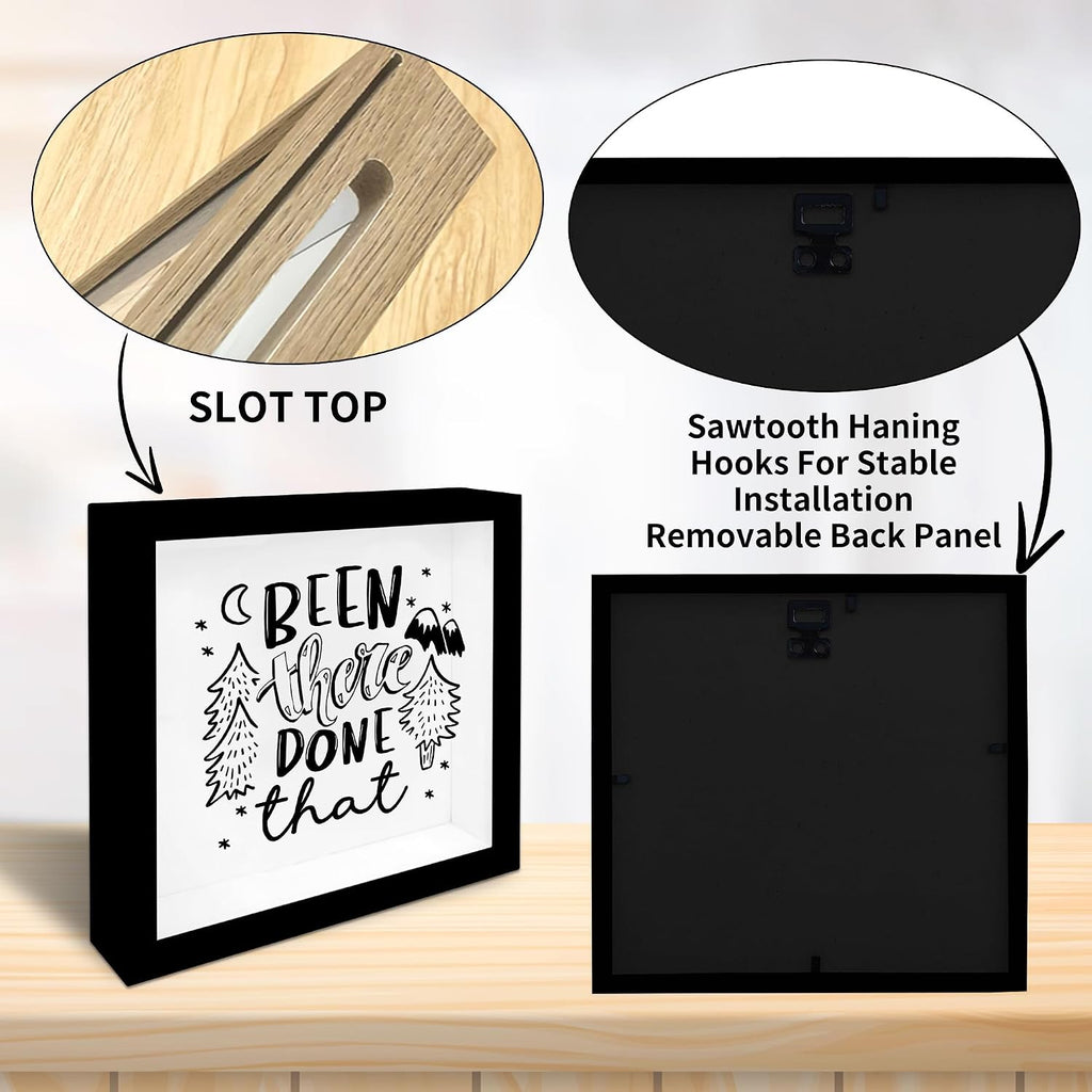 8" x 8" Black Travel Shadow Box Frame - Been There Done That - Travel Wooden Display Memory Saver with Slot for Tickets, Keepsake - Gifts & Decorations for Family & Friends - A10