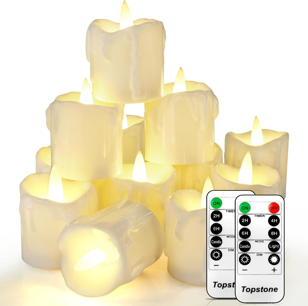 Topstone Flickering Flameless LED Tea Lights, Dimmable Battery Operated Fake Candles with Dual Remotes, Steady & Flicker Modes, 12 Pack Bulk for Christmas Halloween Holiday Decor