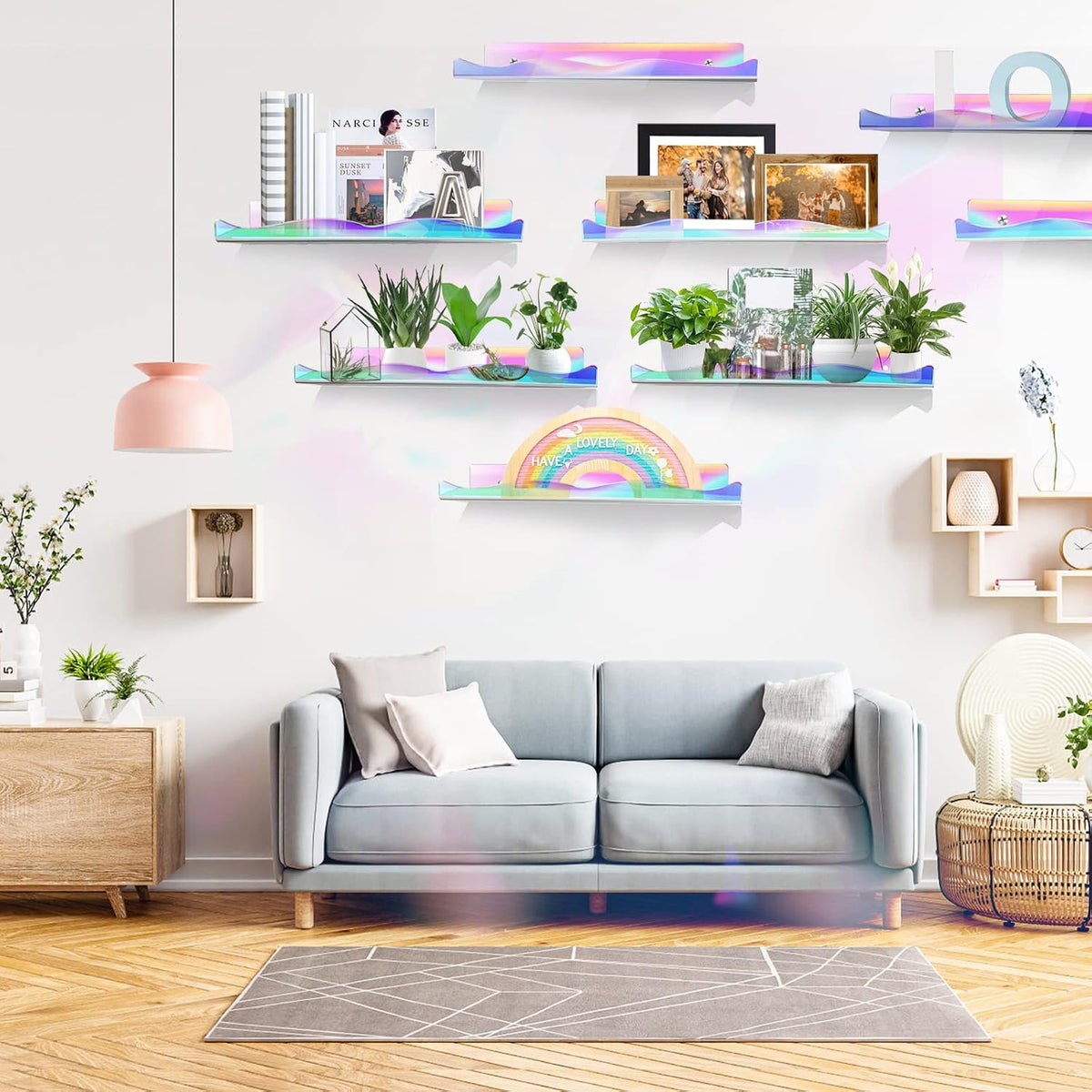 DILIBRA 6 Packs Iridescent Clear Acrylic Floating Shelves, 15.7 Inch Large