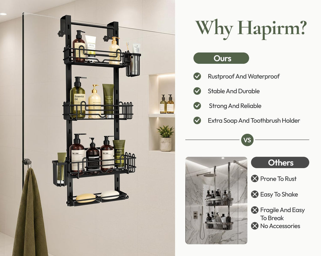 HapiRm Over the Door Shower Caddy - 4-Tier Hanging Shower Organizer with 22 Hooks and 2 Toothbrush Holders, No Drilling Adjustable Hanging Shelves for Bathroom - Black