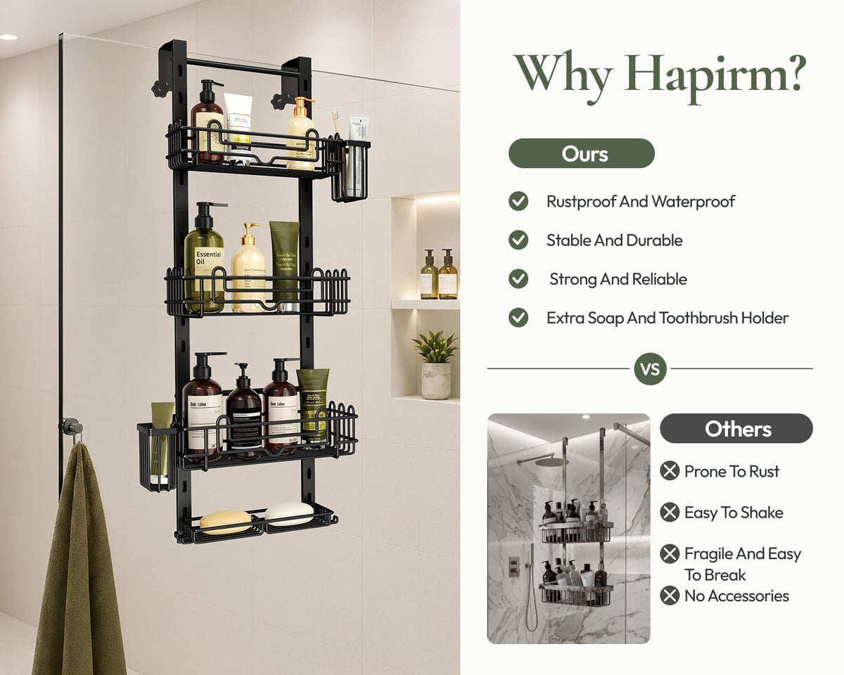 HapiRm Over the Door Shower Caddy - 4-Tier Hanging Shower Organizer with 22 Hooks and 2 Toothbrush Holders, No Drilling Adjustable Hanging Shelves for Bathroom - Black