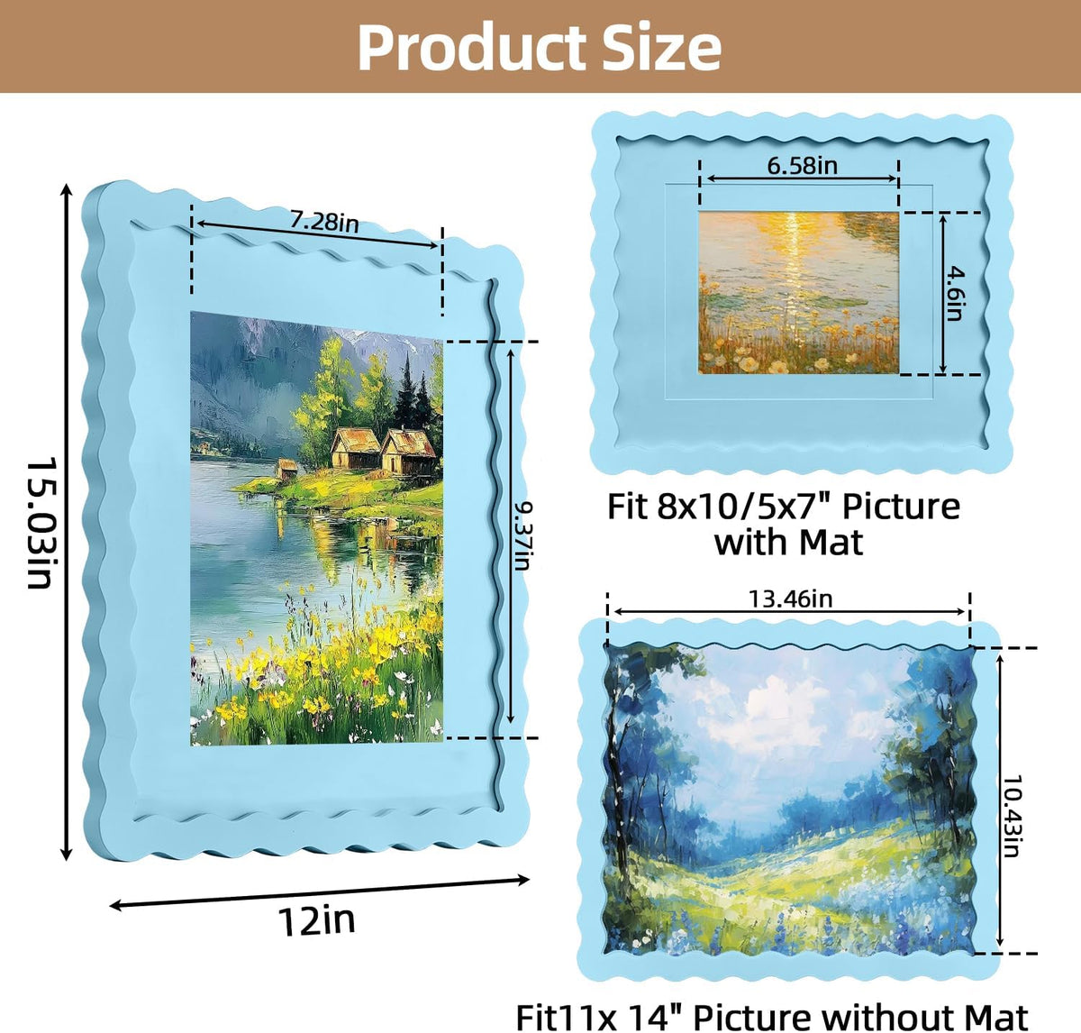SNAPSHOT Light Blue Wavy 11x14 Picture Frame with Mat for 5x7/8x10, Scalloped Wooden Photo Frames with Real Glass for Wall Mount and Tabletop, 1 Pack