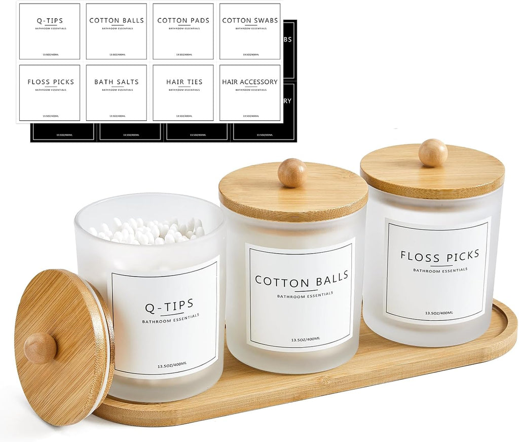3 Pack Qtip Holder Bathroom Set with Tray,13.5oz Cotton Round Ball Pad Holder Cotton Swab Floss Pick Dispenser,Glass Apothecary Jars Canisters with Lids,Bathroom Organizers and Storage Container