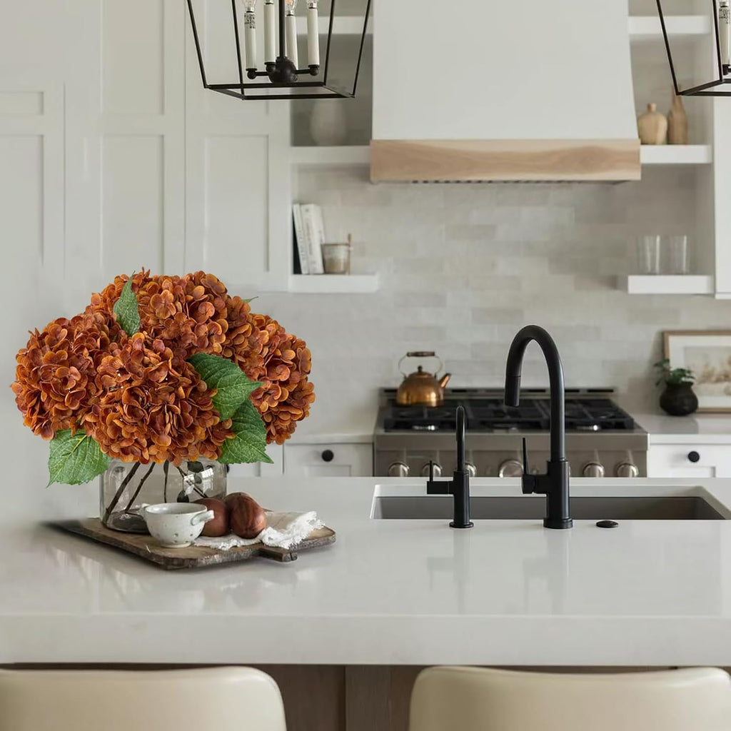 YalzoneMet 3 Pcs Orange Brown Hydrangea Artificial Flowers 21‘’ Real Touch Latex Hydrangea Fake Flowers for Fall Home Decor Party Kitchen Bedroom Bronze Vintage Flower Table Centerpieces