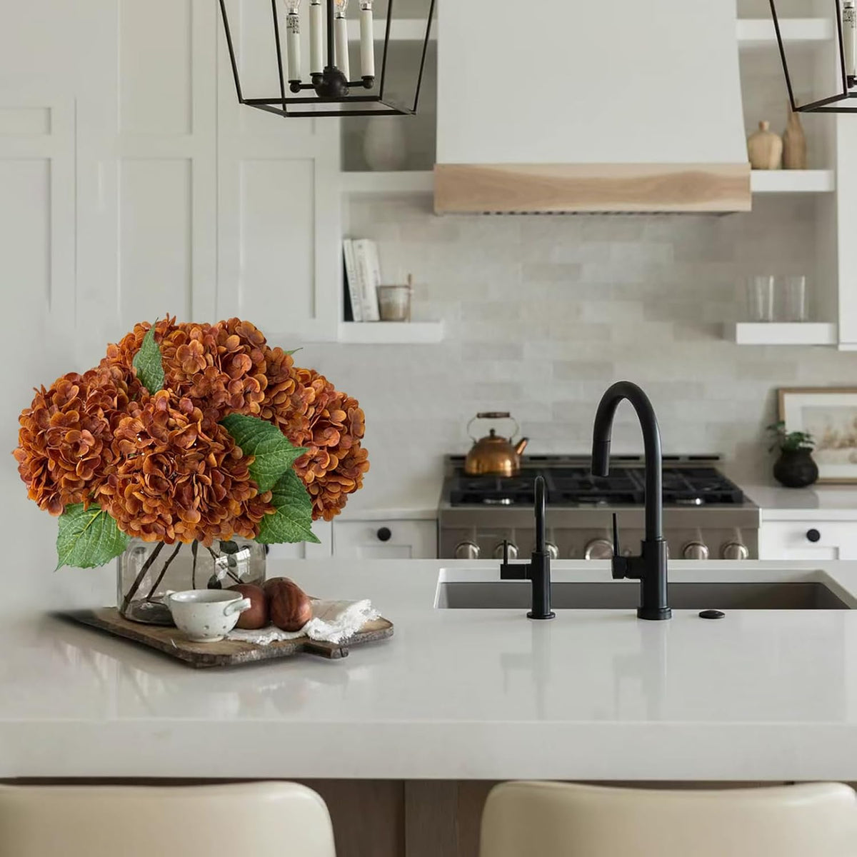 YalzoneMet 3 Pcs Orange Brown Hydrangea Artificial Flowers 21‘’ Real Touch Latex Hydrangea Fake Flowers for Fall Home Decor Party Kitchen Bedroom Bronze Vintage Flower Table Centerpieces