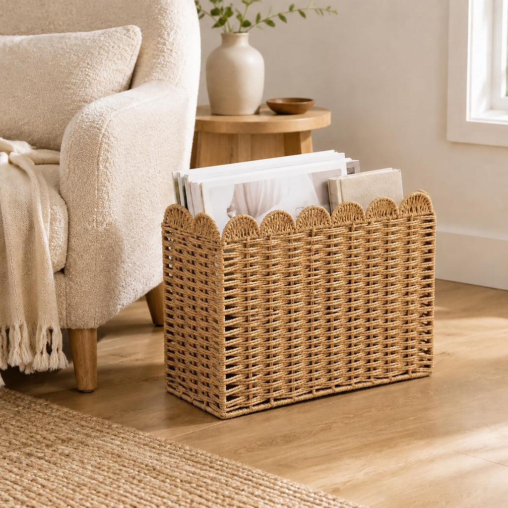 Wicker Magazine Basket, Paper Rope Scalloped Magazine Holder for Files Books Newspapers and Documents, Handwoven Floor Organizer Rack for Office Living Room Bathroom