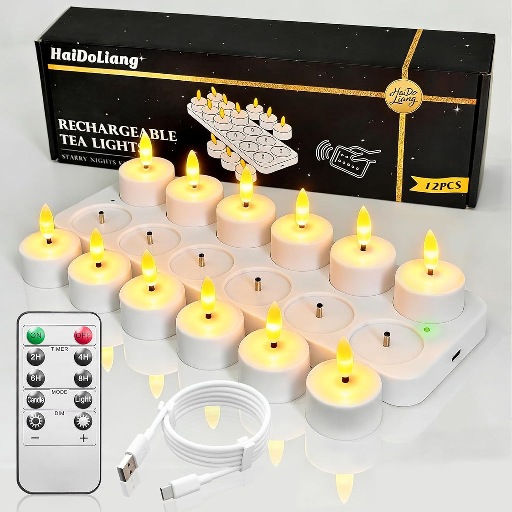12PCS Rechargeable Led Tea Lights Candles with Charging Base Remote & Timer