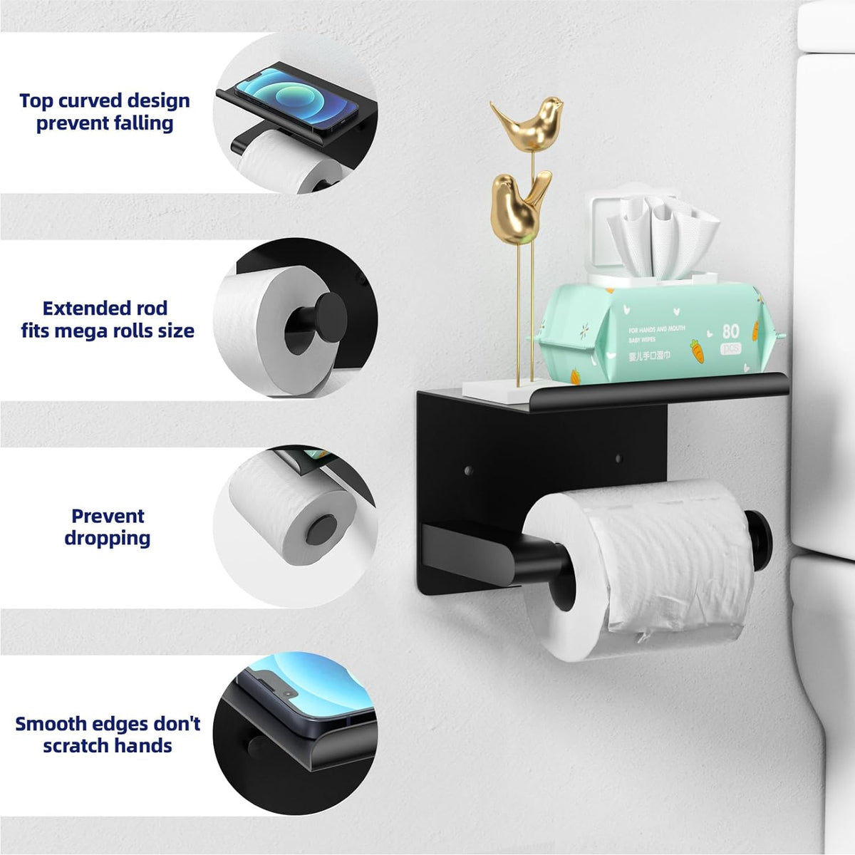 GLNLQ Matte Black Toilet Paper Holder with Shelf, Fits Mega Rolls Size