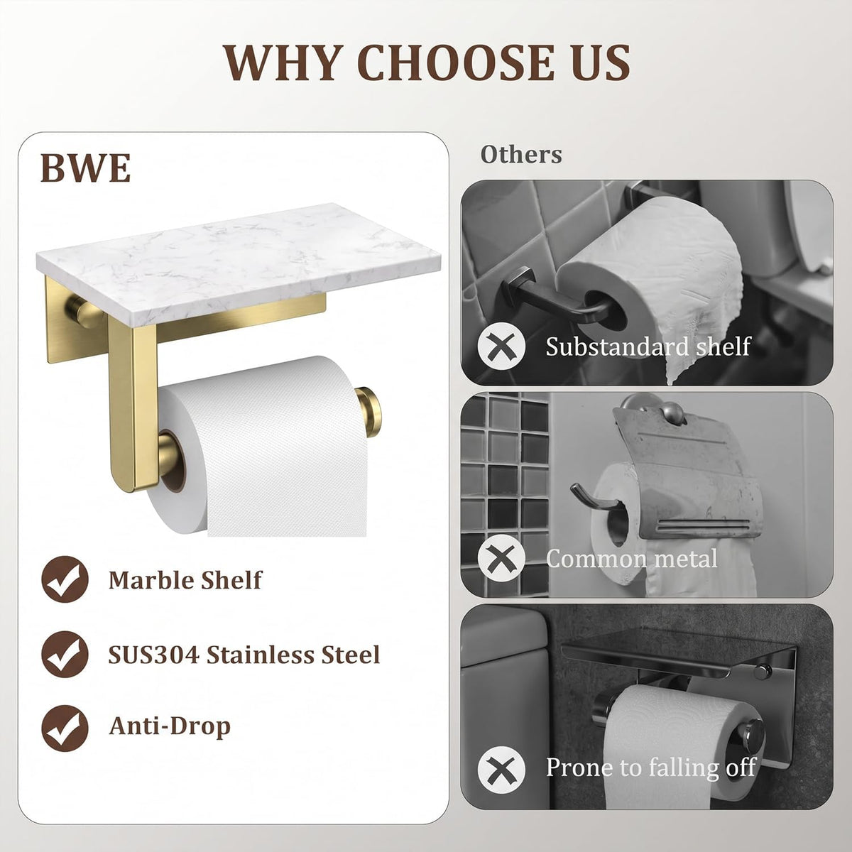 BWE Brushed Gold Toilet Paper Holder with Marble Shelf Wall Mounted
