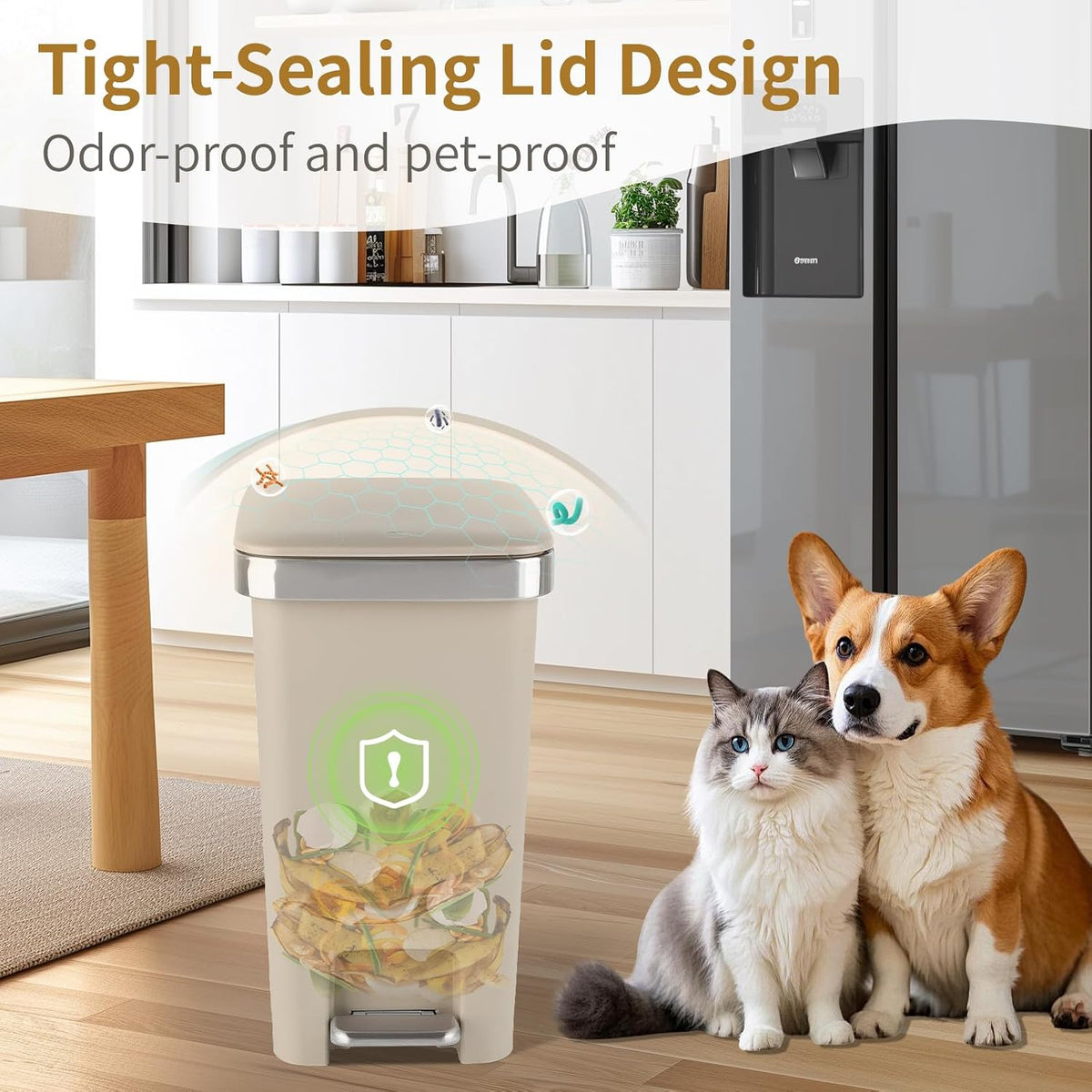 UUJOLY Small Bathroom Trash Can with Lid Step Pedal, 2.6 Gallon, Khaki
