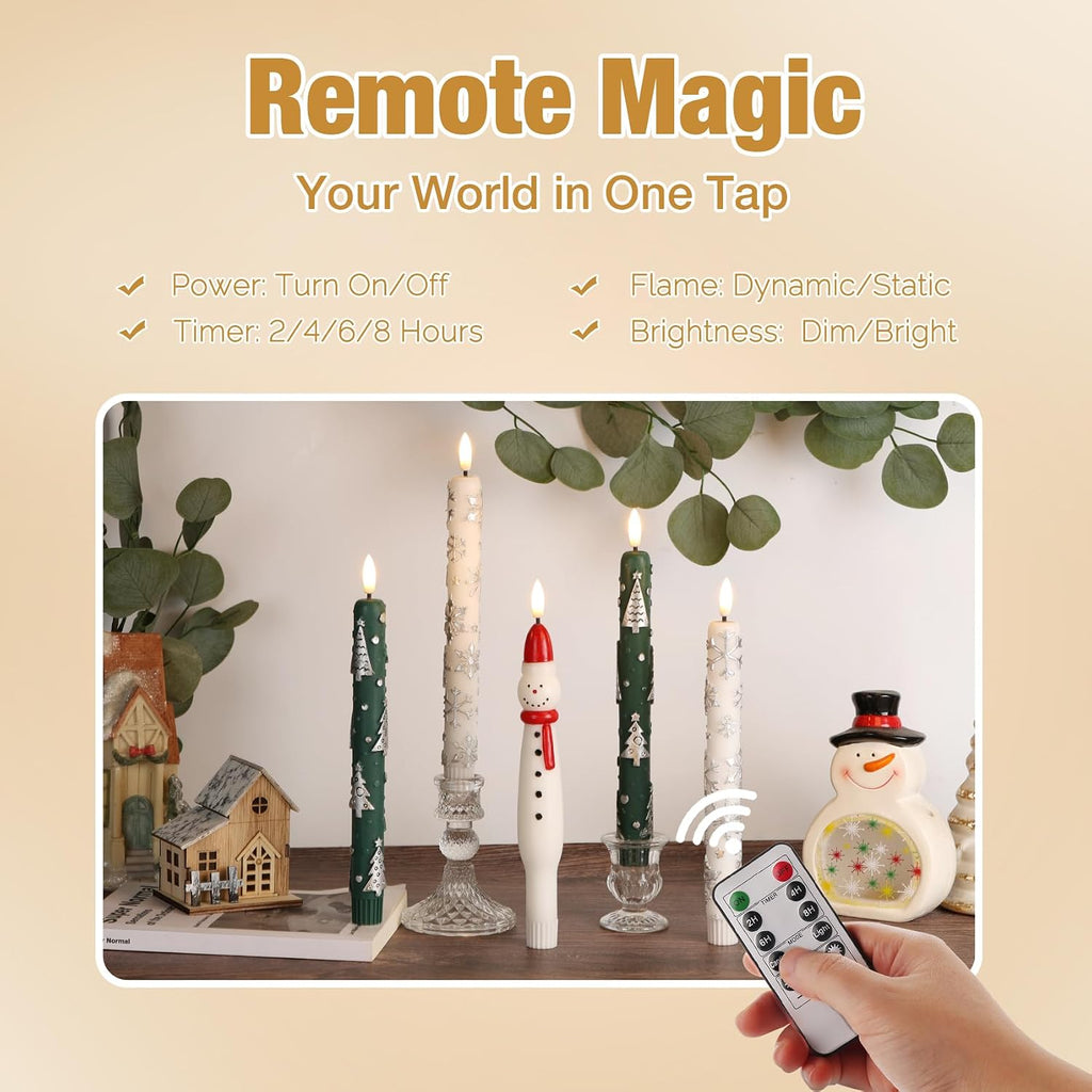 Eywamage White Snowflakes Christmas LED Taper Candles with Remote Set of 2