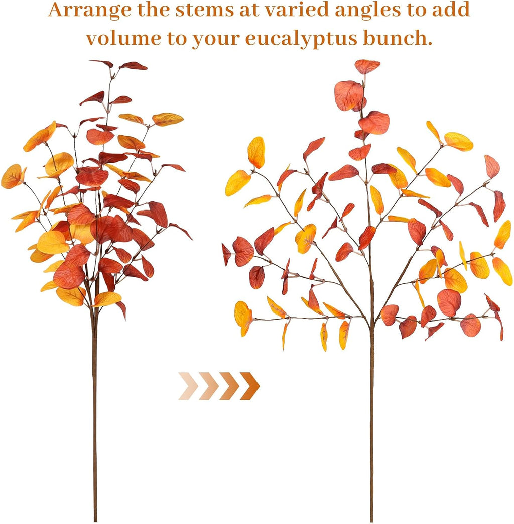 Beferr Fall Eucalyptus Stems Decor, 5Pcs 23" Artificial Eucalyptus Branches Autumn Leaves Fake Plants Floral Arrangements Thanksgiving Farmhouse Home Table Decorations