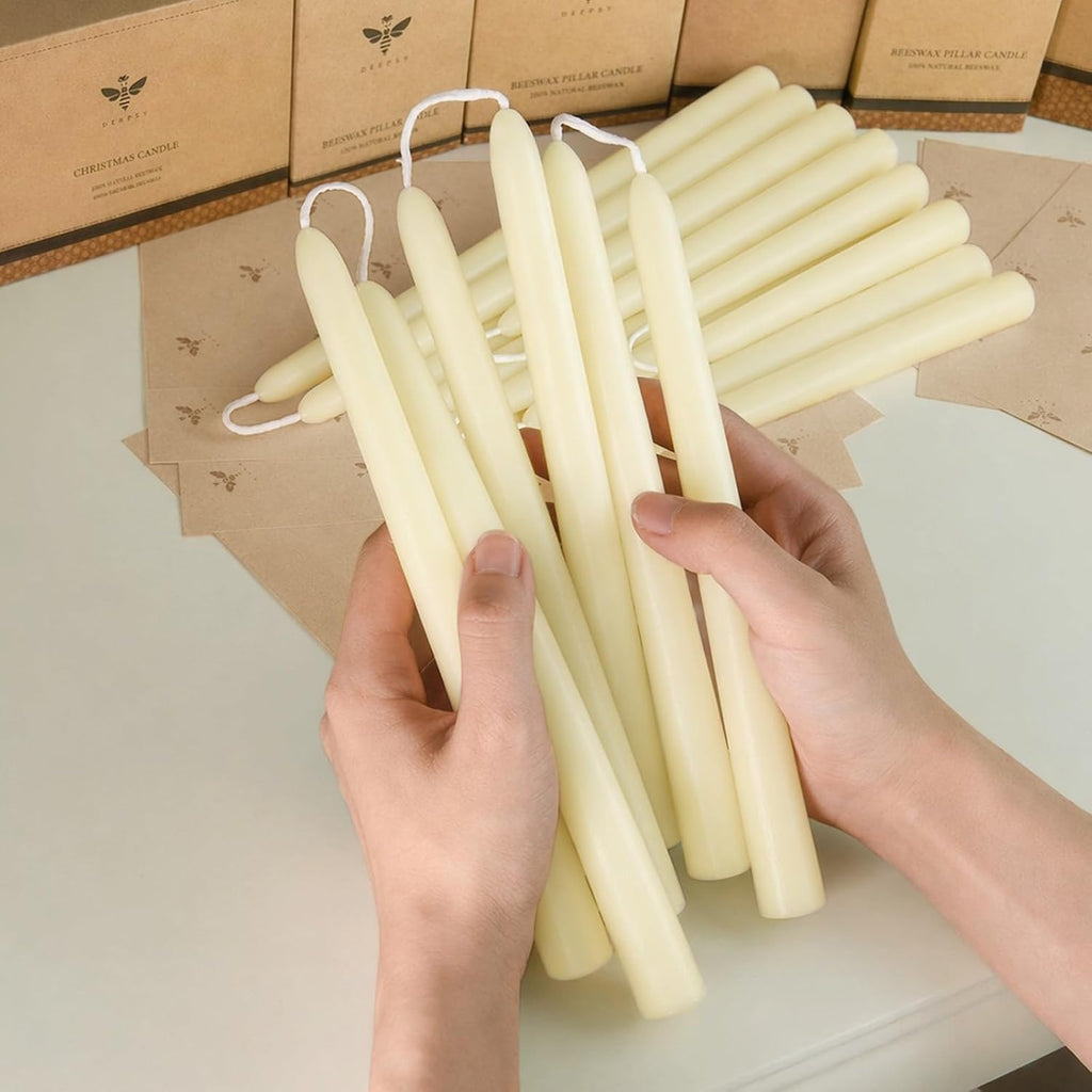 DEYBBY Beeswax Taper Candles, Clean Burning, Cream White, 9 in, 6 Pack