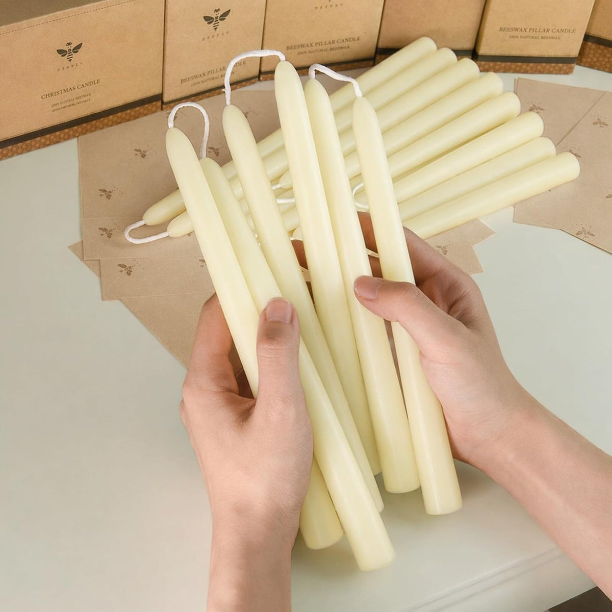 DEYBBY Beeswax Taper Candles, Clean Burning, Cream White, 9 in, 6 Pack