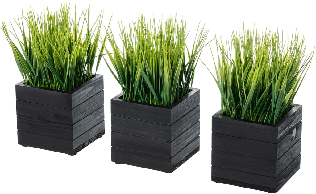 MyGift Artificial Green Grass Plants in Vintage Black Wood 4 Inch Planter Boxes, Faux Greenery in Decorative Square Crate Style Wooden Containers, Set of 3