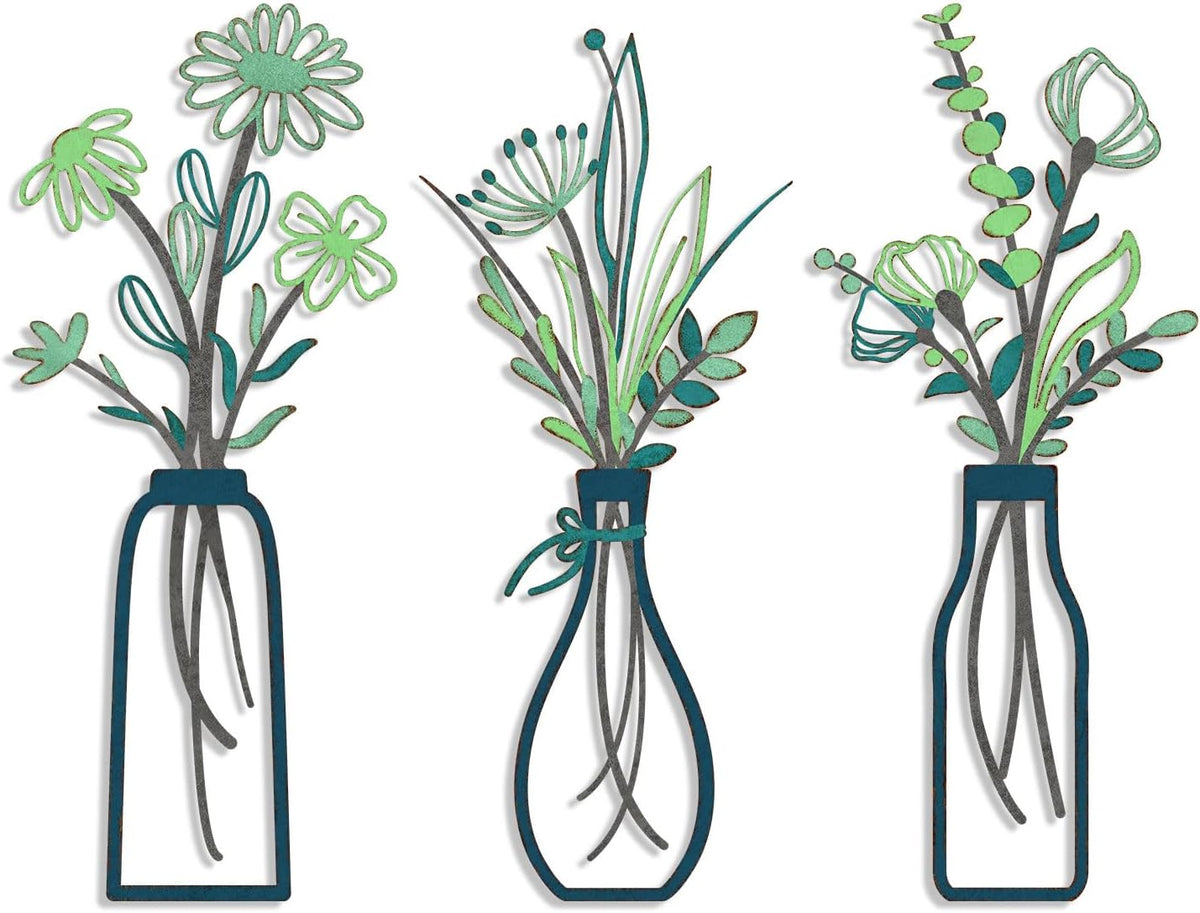 Pigort 3 Pieces Metal Flowers Wall Arts, Wall Decors for Home, Deep Green