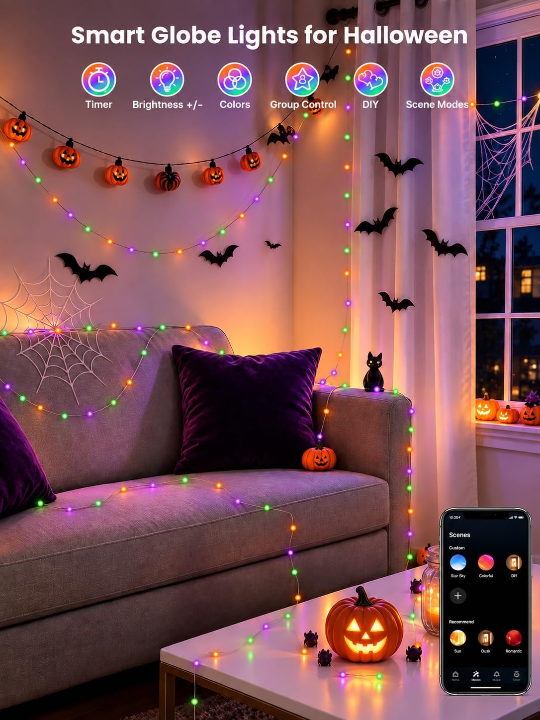 33FT 66LED Globe String Lights Indoor, Color Changing Halloween Lights