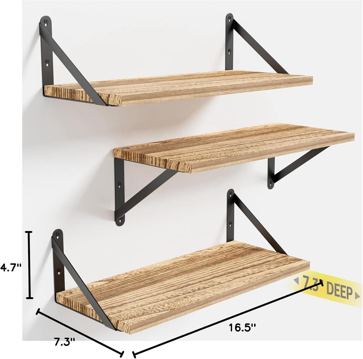 COCOYA Wall Shelves 7.3" Deep Solid Paulownia Wood (Light Brown, Set of 3)