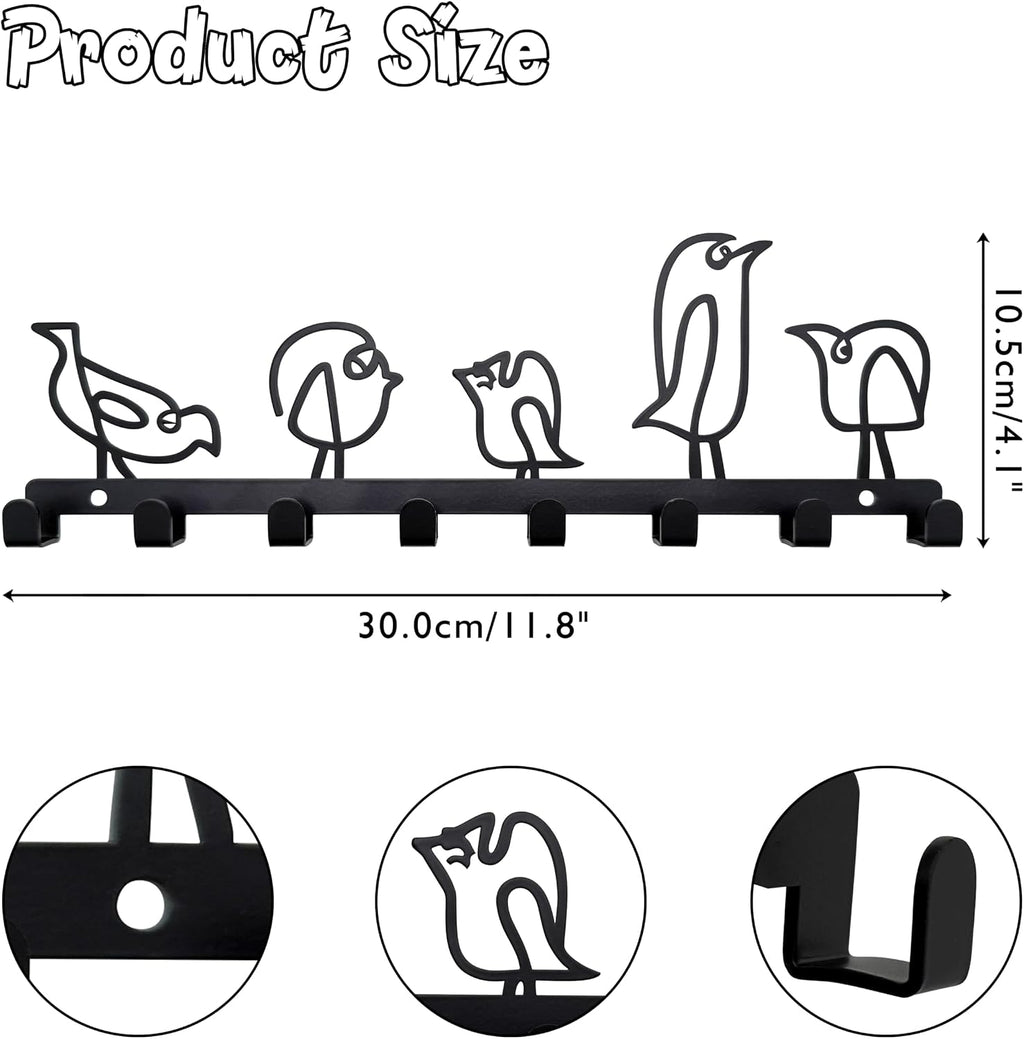 Whimsical Bird Key Holder Wall Hooks - 5 Abstract Bird Coat Hooks, Metal Decorative Wall Organizer for Entryway/Bedroom (12"x5", Black)