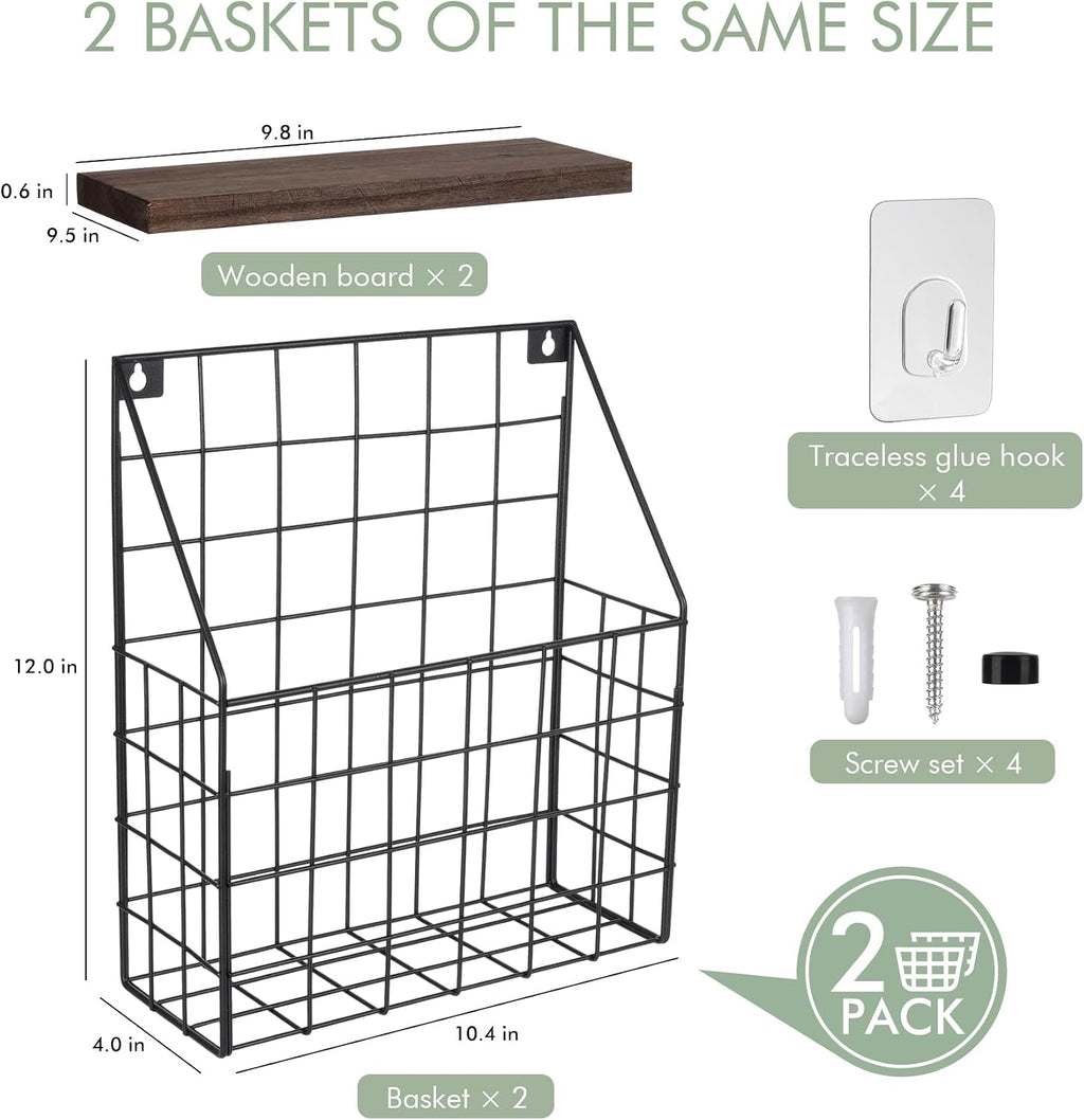 Mail Holder Magazine Basket 2Pack Black Wall Mount File Organizer Wood Rack