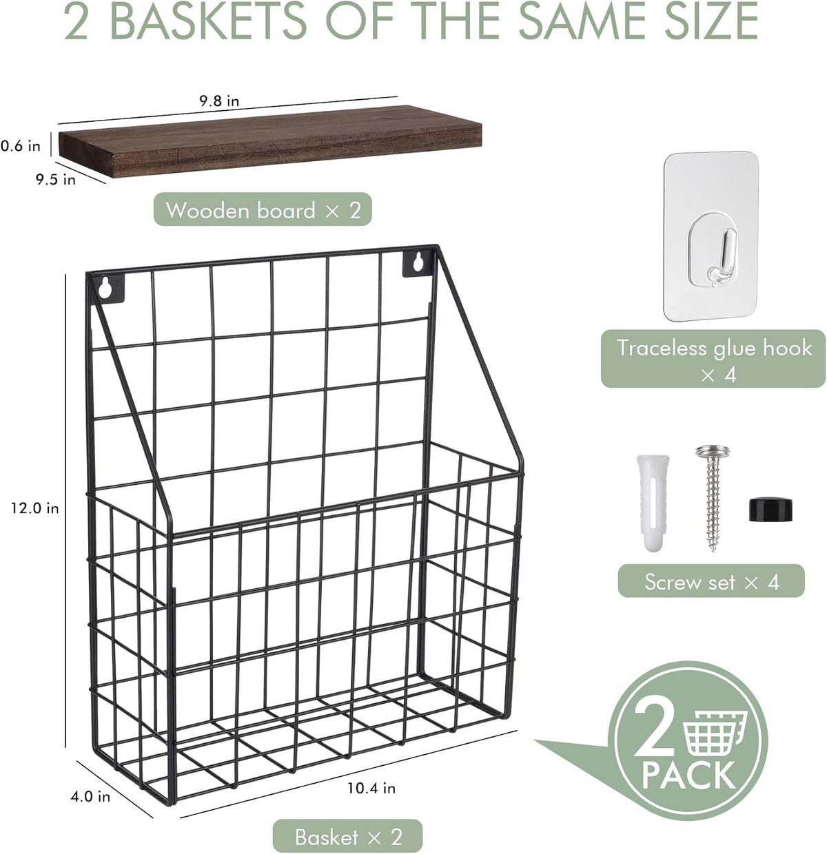 Mail Holder Magazine Basket 2Pack Black Wall Mount File Organizer Wood Rack