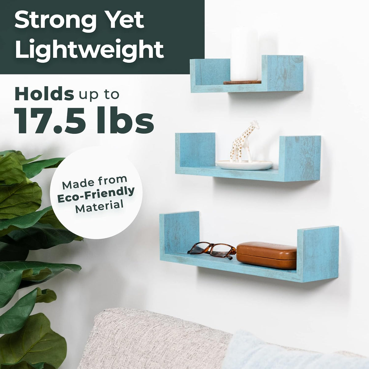 Greenco Set of 3 Floating “U” Shelves, Easy-to-Assemble Floating Wall Mount Shelves for Bedrooms and Living Rooms, Rustic Blue Finish
