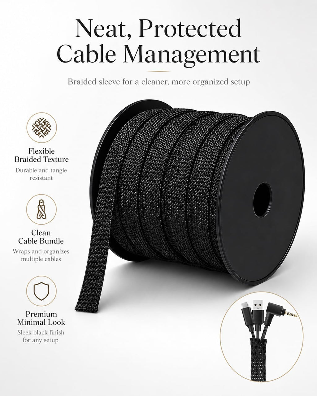 100 Feet - 3/8 Inch Braided Wire Loom PET Cable Loom Expandable Braided Sleeving Wire Sleeve for Automotive，TV, Computer, Home Theater, Black