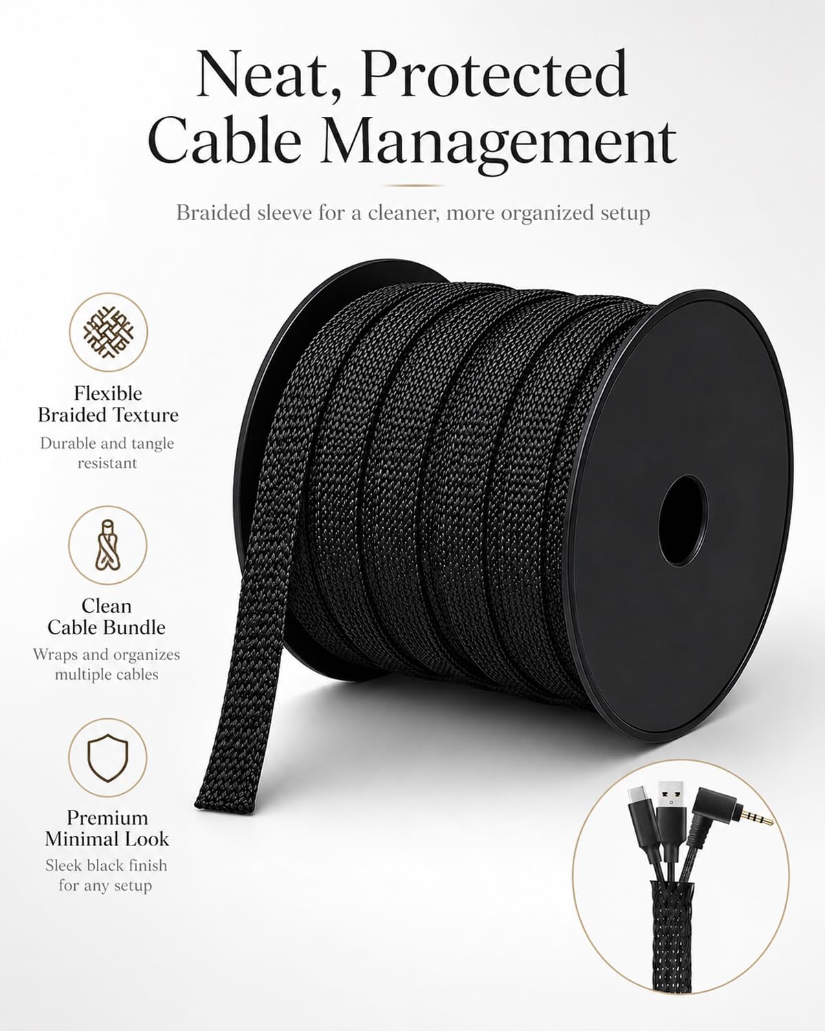 100 Feet - 3/8 Inch Braided Wire Loom PET Cable Loom Expandable Braided Sleeving Wire Sleeve for Automotive，TV, Computer, Home Theater, Black
