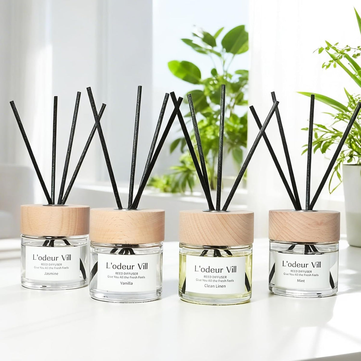 L'odeur Vill Reed Diffuser Set,Jasmine 3.4 fl oz(100 ml) Oil Diffuser with 6 Reed Sticks, Home Fragrance Reed Diffuser for Bathroom Shelf Decor Scent Diffuser