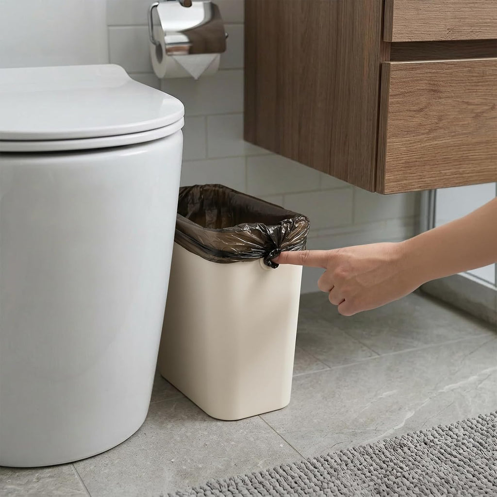 Jucoan 4 Pack 2 Gallon Small Plastic Trash Can, Slim Narrow Garbage Can Wastebasket for Bathroom, Office, Bedroom, Toilet, RV, Near Desk, Under Sink, Secure Trash Bag Hole Design, Open Top, No Lid