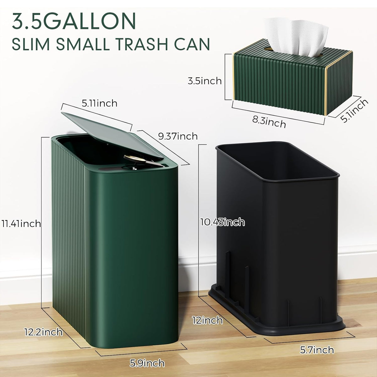 Bathroom Trash Can with Lid and Tissue Box Cover Set 13 L/ 3.5 Gallon Dark Green Trash Can with Pop-Up Lid Small Garbage Can for Bathroom Bedroom Office Kitchen