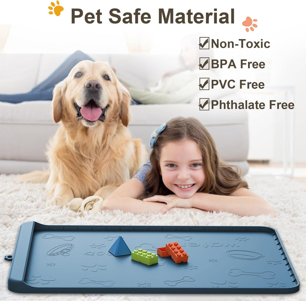 Dog Food Mat - Silicone Dog Mat for Food and Water - 36" x 24" Large Pet Feeding Mats with Residue Collection Pocket - Waterproof Dog Cat Bowl Mat with High Edges to Prevent Water Food Spills