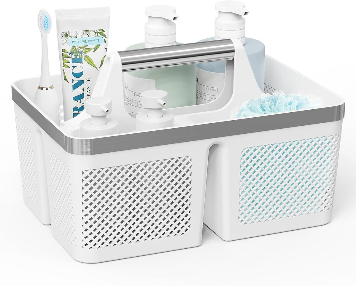 BYUNER Plastic Shower Caddy Dorm: Portable Bathroom Caddy Organizer with Handle and Holes, Cleaning Basket, Hard Shower Basket Storage Tote for Toiletry, College Dorm Room Essentials White/Silver