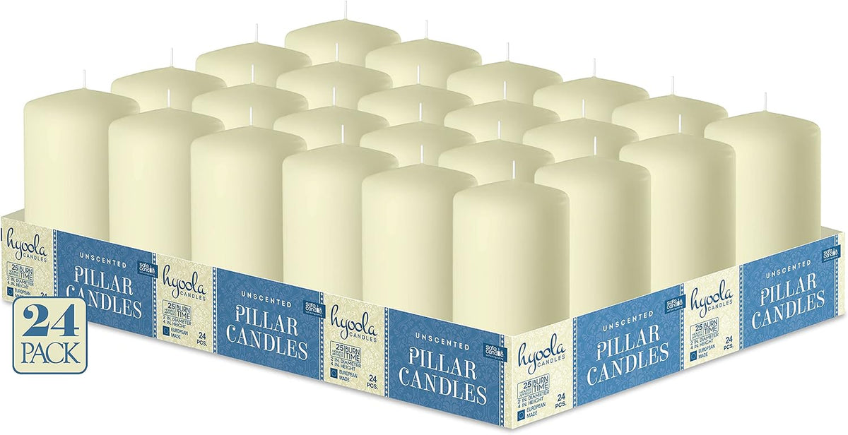 Hyoola Ivory Pillar Candles 2-inch x 4-inch - 24 Pack Unscented Bulk Pillar Candles - European Made