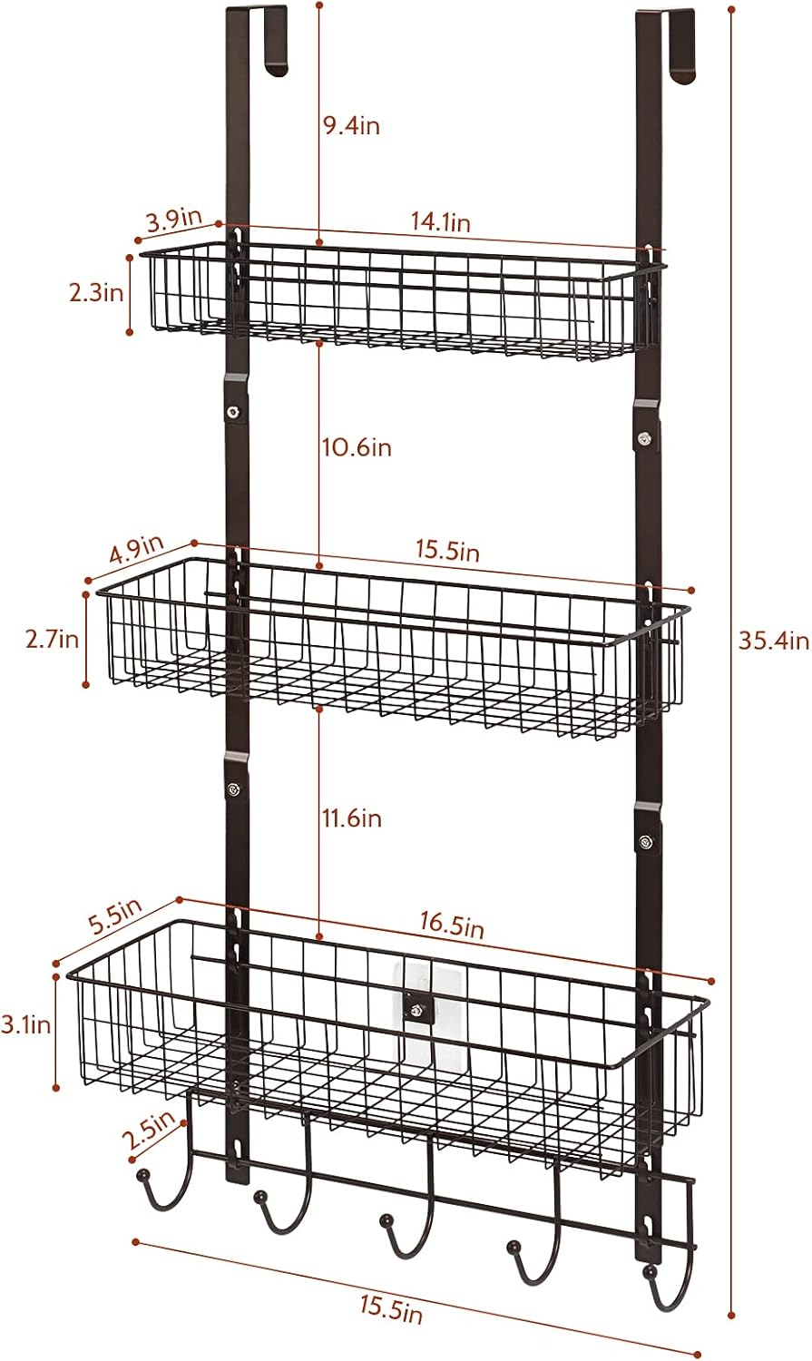 ETELI Over the Door Basket Organizer 3 Tier Hanging Basket Door Shelf Rack Heavy Duty Over Door Pantry Organizer with 3 Metal Baskets for Kitchen Bathroom Bedroom Living Room, Dark Brown