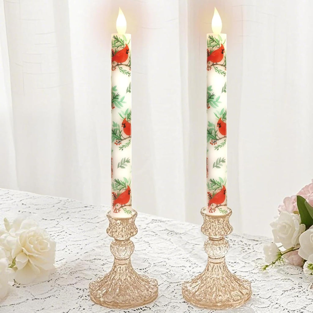 MELTONE Cardinal Bird Flameless Taper Candles with Remote - Red Bird Theme LED Taper Candles for Home Xmas Holiday Party Christmas Decoration - 2PCS 9.5INCH