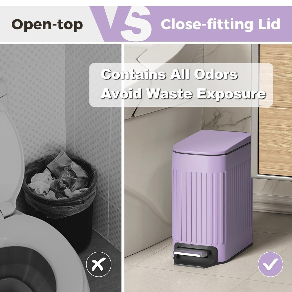 TrashAid 1.6Gal Slim Bathroom Trash Can with Lid Soft Close & Pedal, Purple