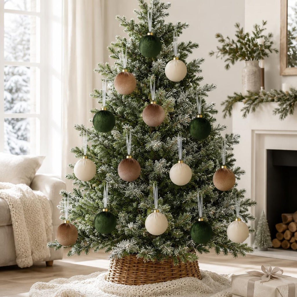 15Pcs 3.15" Large Green and Brown Velvet Balls Ornaments for Christmas Tree
