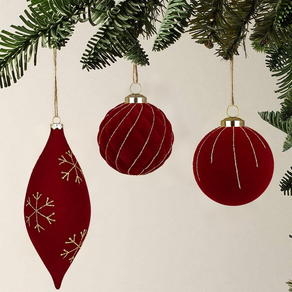 12PCS Velvet Christmas Ornaments Balls 3.15/6.6 Inch Flocked Ornament Sets Glitter Balls for Xmas Hanging Ornaments Decoration Wedding Party Holiday Decor - Classic Red