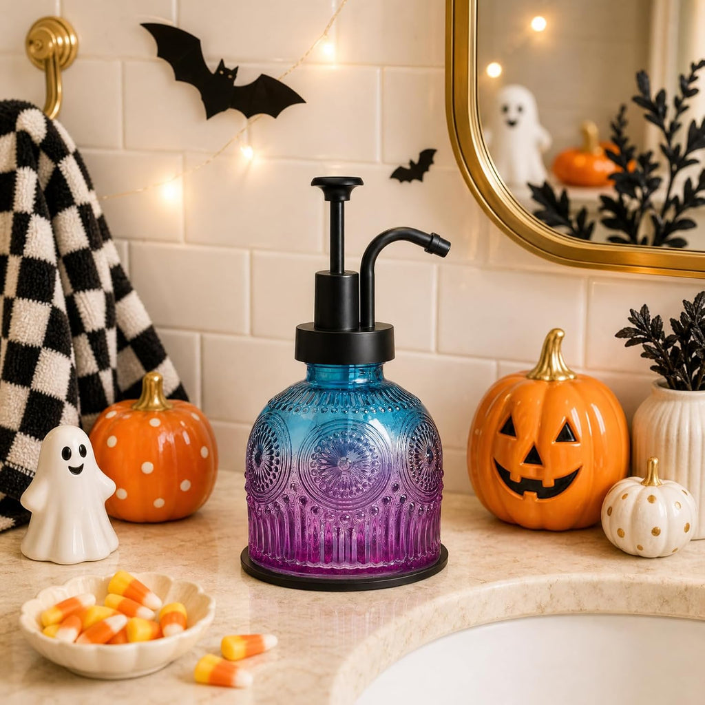 SheeChung 8oz Halloween Glass Soap Dispenser with Black Pump, Purple,2 Pack
