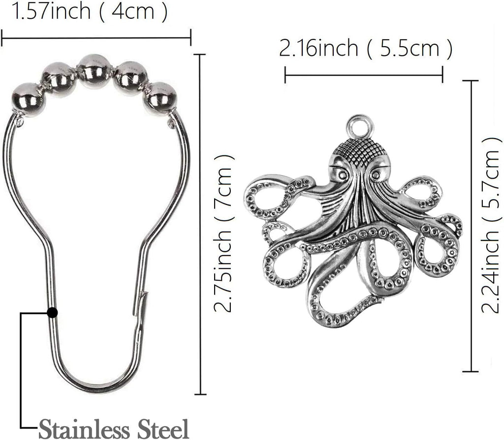 Set of 12 Octopus Shower Curtain Hooks Decorative Home Bathroom Squid Sea Creature Beast Stainless Steel Rustproof Brushed Nickel Rings with Octopus Decorative Accessories (Silver)