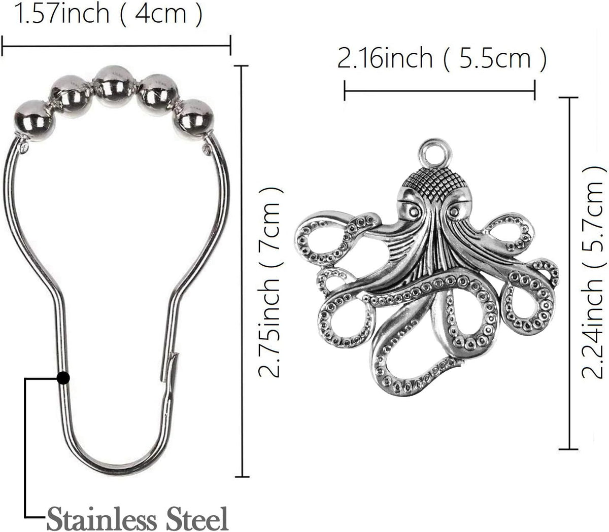 Set of 12 Octopus Shower Curtain Hooks Decorative Home Bathroom Squid Sea Creature Beast Stainless Steel Rustproof Brushed Nickel Rings with Octopus Decorative Accessories (Silver)