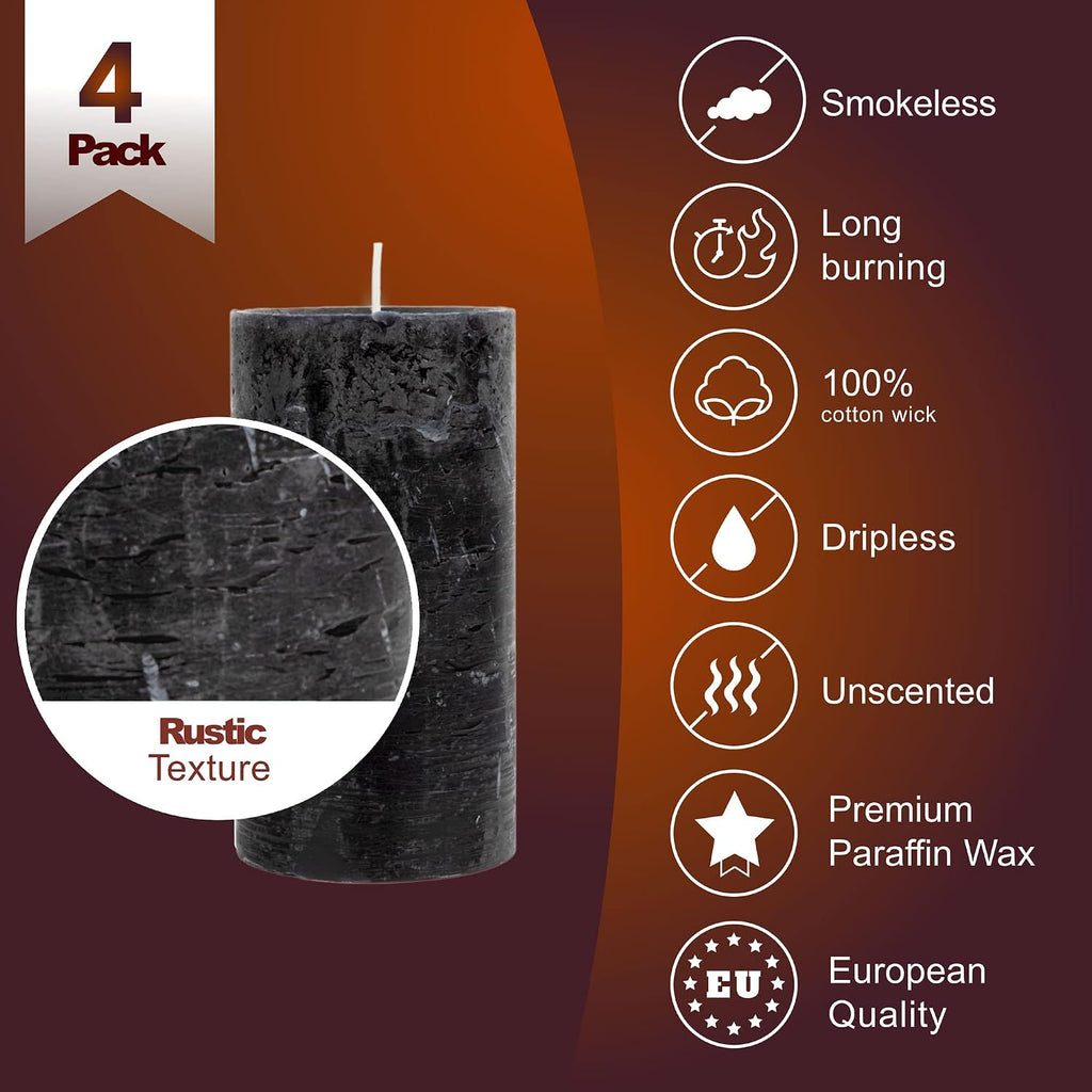 SPAAS Rustic Black Pillar Candles - 2.8" X 5" Unscented - 4 Pack for Home Decor, Halloween, Wedding, Spa, Holidays, Restaurants