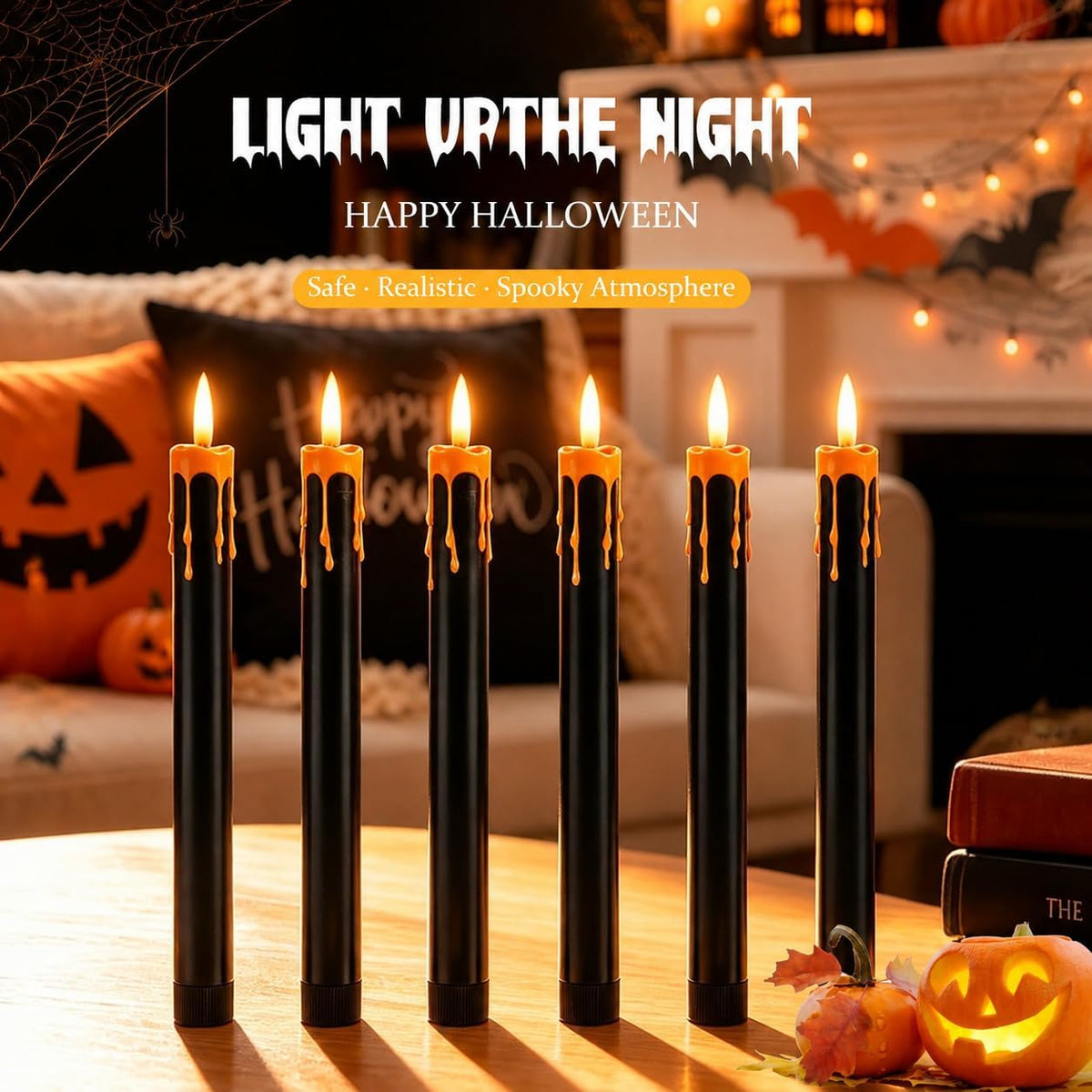 Dusk&Decorum 6 Pack Halloween Tapered Candles with Remote, Black Halloween Flameless Candles with Orange Dripping Wax, Battery Operated LED Halloween Candles for Table, Mantel & Indoor Decor