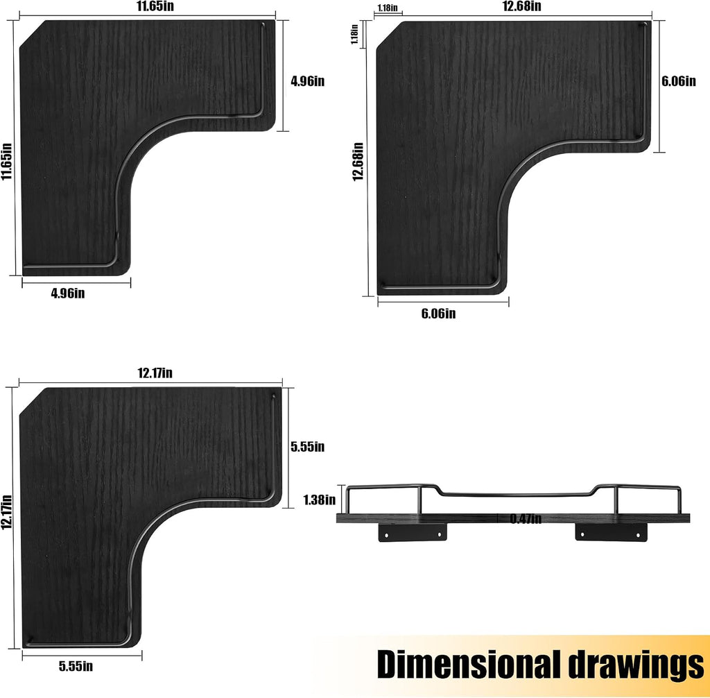 L-Shaped Corner Floating Shelves Wall Mounted Set of 3,Black