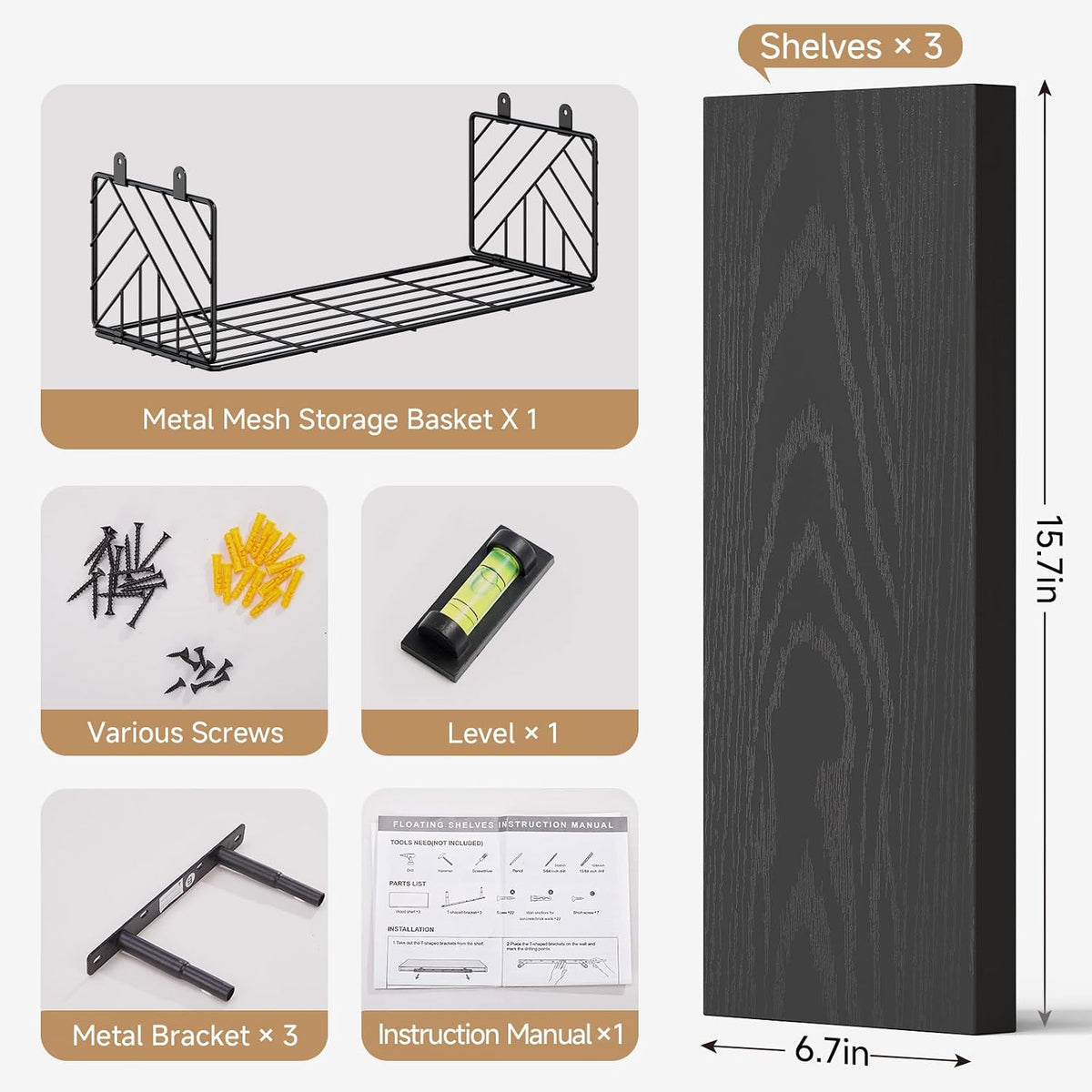 BAYKA Black Floating Bathroom Shelves, 15.7in, 3Pk, Wall Mount Wood Shelf