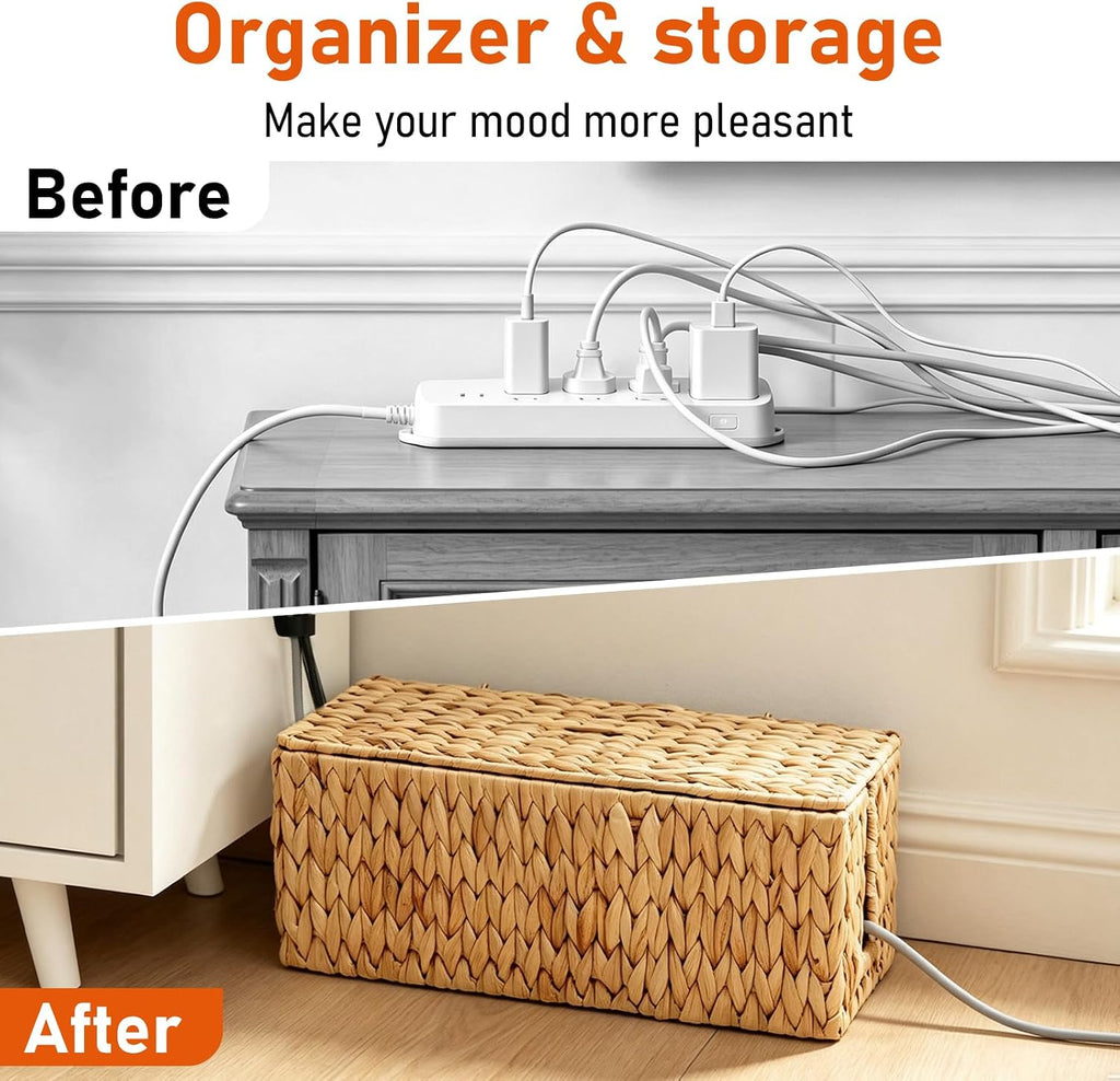 Cable Management Box Set of 2, Cord Organizer for Power Strip | Handwoven Water Hyacinth Storage Basket with Reinforced Metal Frame, Decorative Home Organizer for Desk & Office
